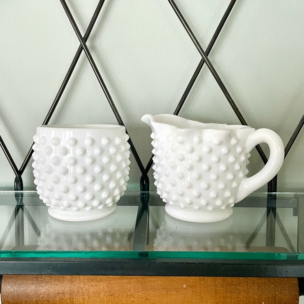 Fenton Glass•Mid-Century Vintage•Petite Hobnail Milk Glass Sugar and Creamer Set